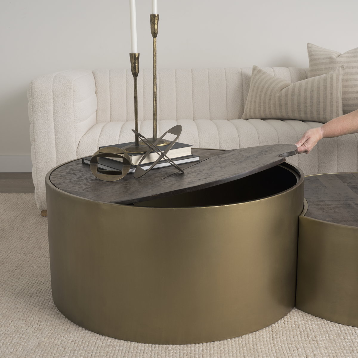 Eclipse Antique Brass Metal Drum Base with Dark Brown Wood Top Nested Coffee Table, by Mercana, 36.22" length x 36.22" width x 17.32" height View 3