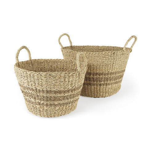Vance  Light Brown Palm Leaf and Seagrass Round Basket with Handles