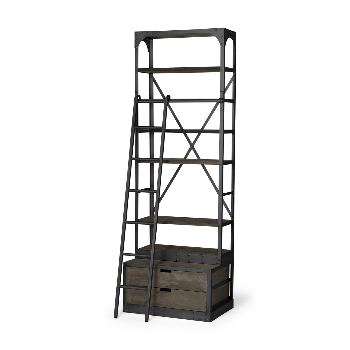 Brodie VII 32L x 22W x 94H Brown Wood Gun-Metal Bracing Four Shelf Shelving Unit, Shelving & Bookcase by Mercana, 31.5" length x 21.5" width x 94" height View 1