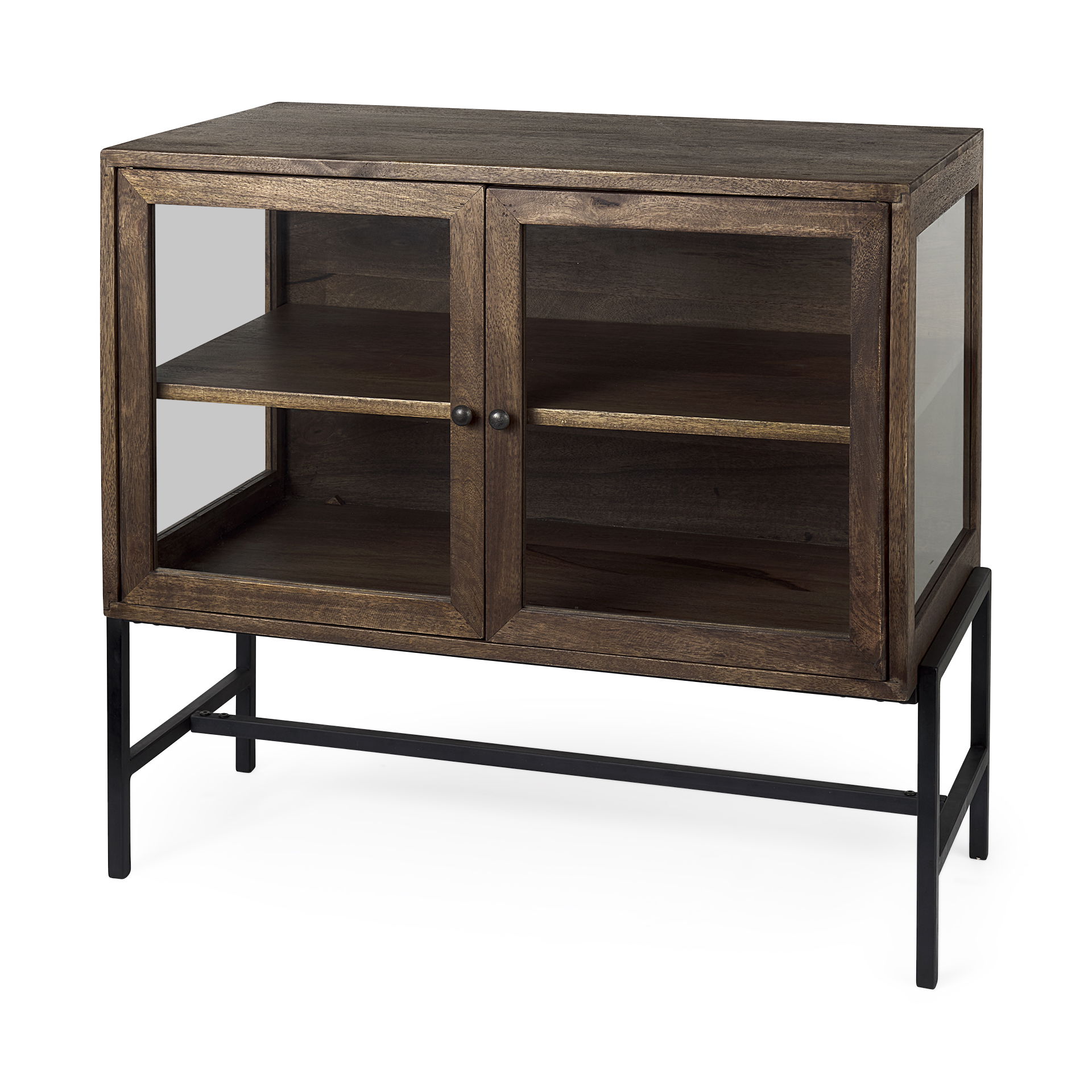Arelius 36L x 18W x 32H Medium Brown Wood, Black Metal Base with 2 Glass Doors Accent Cabinet, Cabinets & Chest by Mercana, 36" length x 18.75" width x 32" height View 1