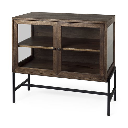 Arelius 36L x 18W x 32H Medium Brown Wood, Black Metal Base with 2 Glass Doors Accent Cabinet