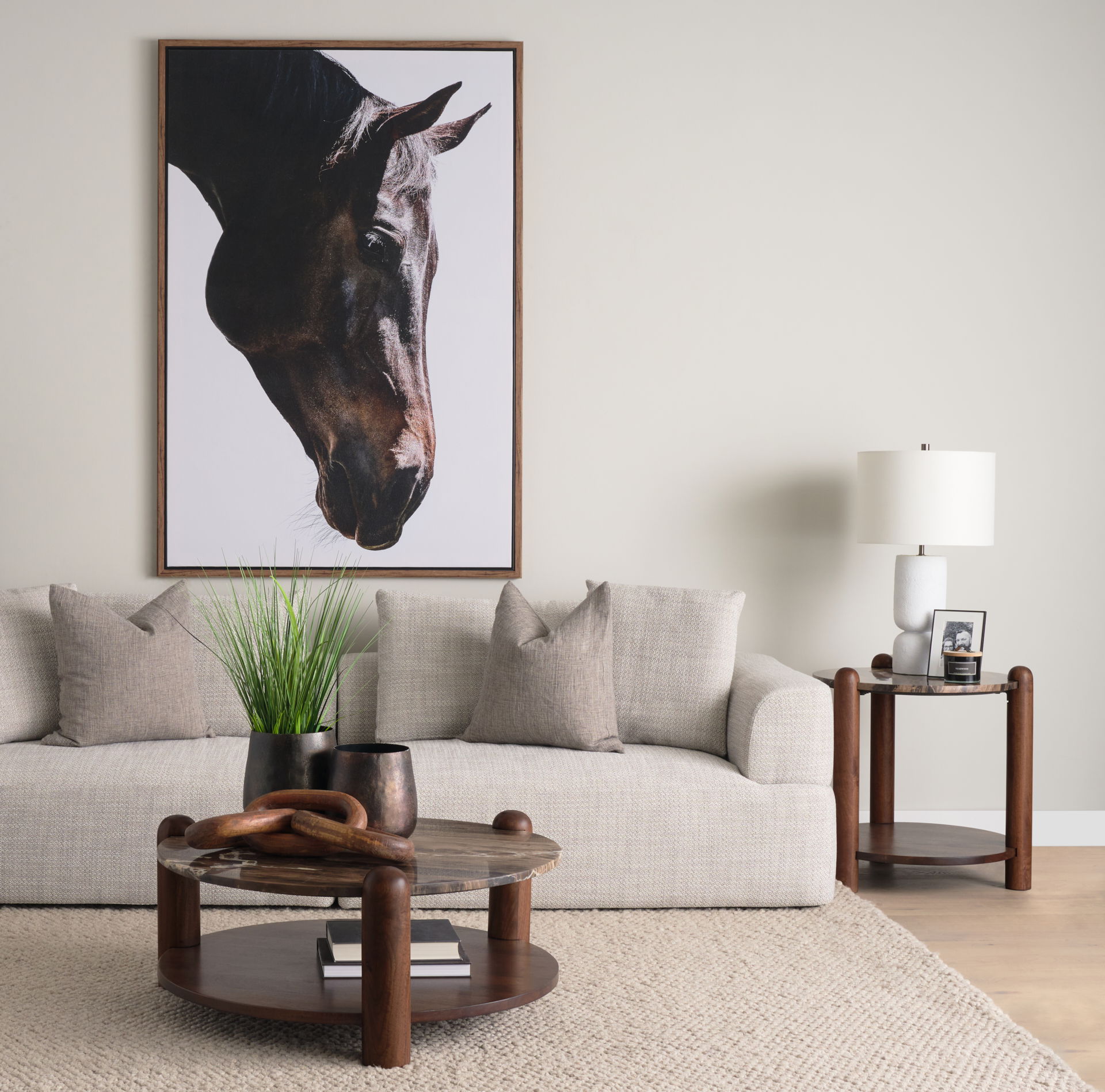 Jovia Brown Mango Wood with Cappuccino Marble Round Side Table large image 