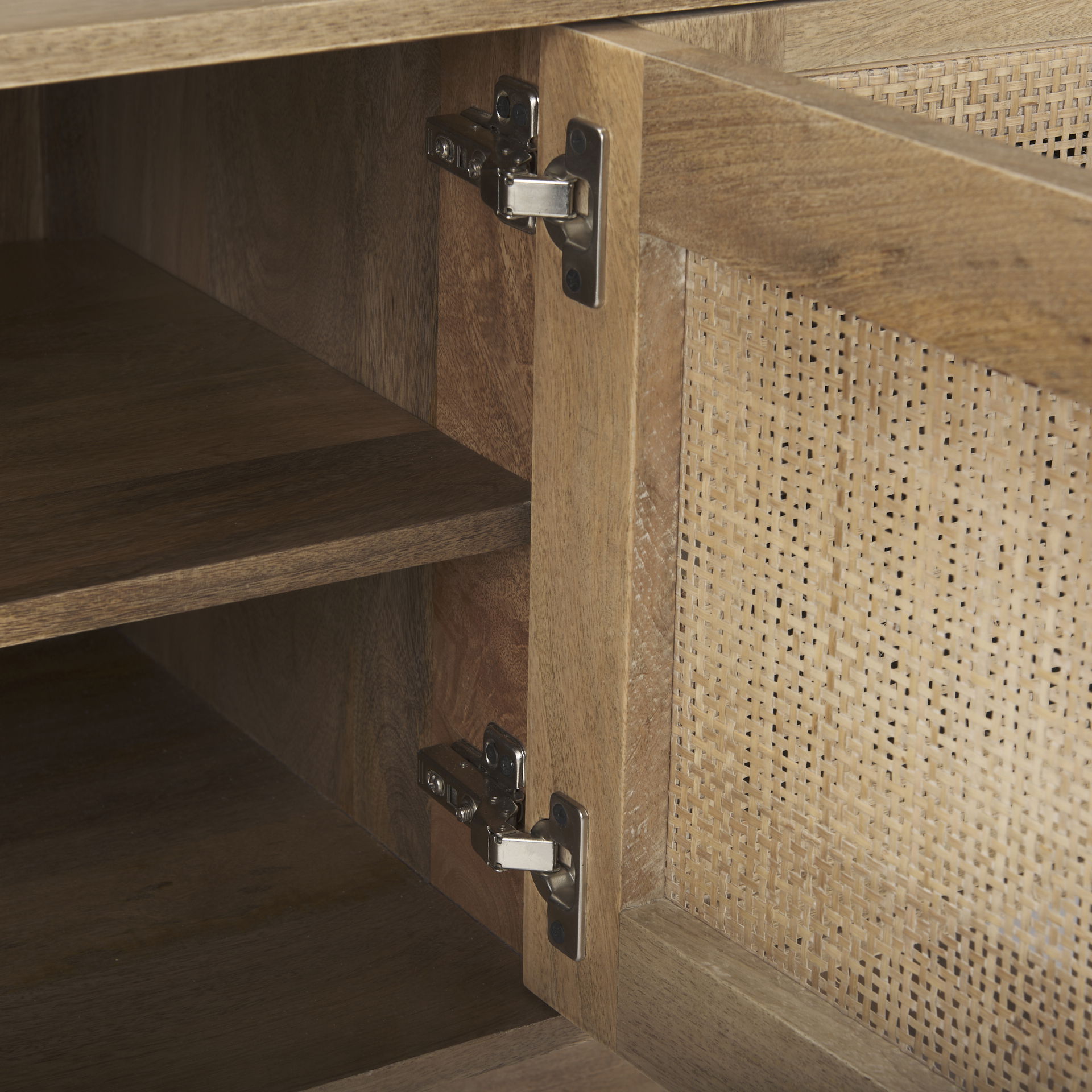 Grier 65' Light Brown Wood with Cane Media Console, by Mercana, 65" length x 18.75" width x 23" height View 9