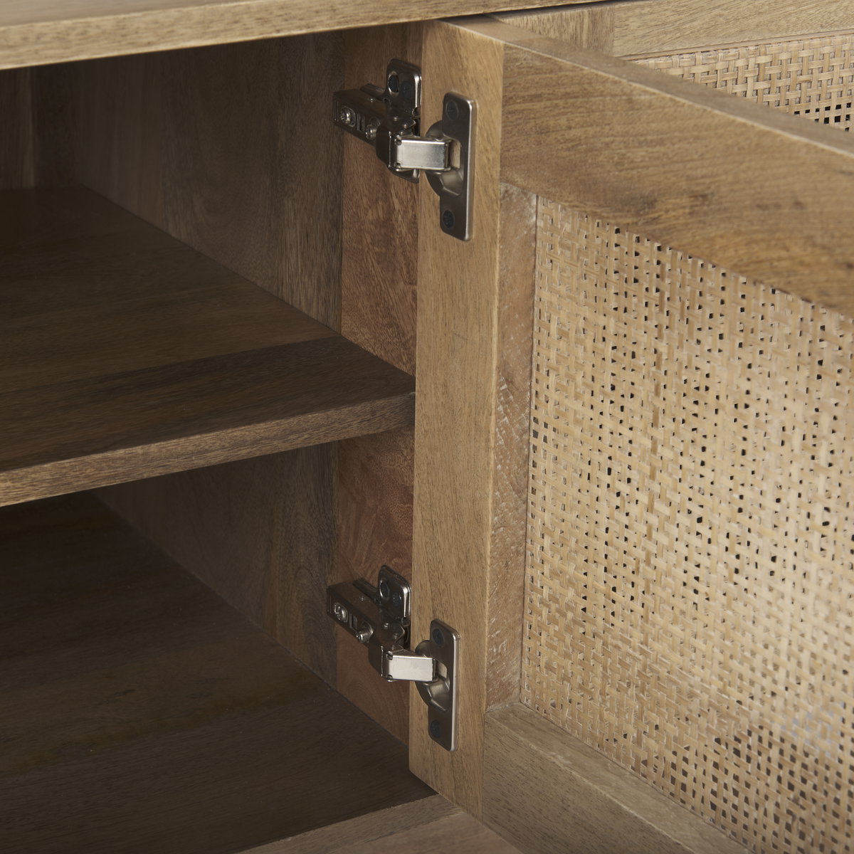 Grier 65' Light Brown Wood with Cane Media Console, by Mercana, 65" length x 18.75" width x 23" height View 9
