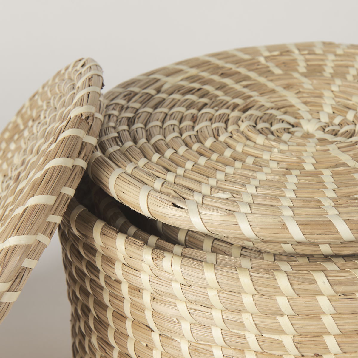 Kailini Set of 3 Nesting Seagrass & Palm Leaf Boxes with Lids, by Mercana, 13.39" length x 13.39" width x 8.27" height View 5
