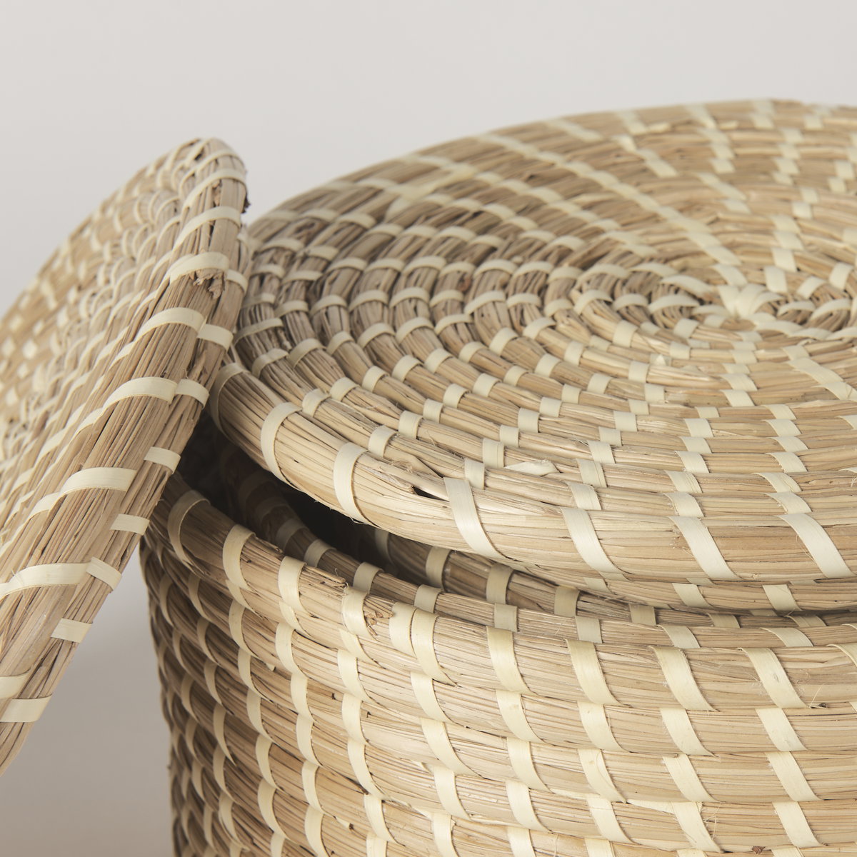Kailini Set of 3 Nesting Seagrass & Palm Leaf Boxes with Lids, by Mercana, 13.39" length x 13.39" width x 8.27" height View 5
