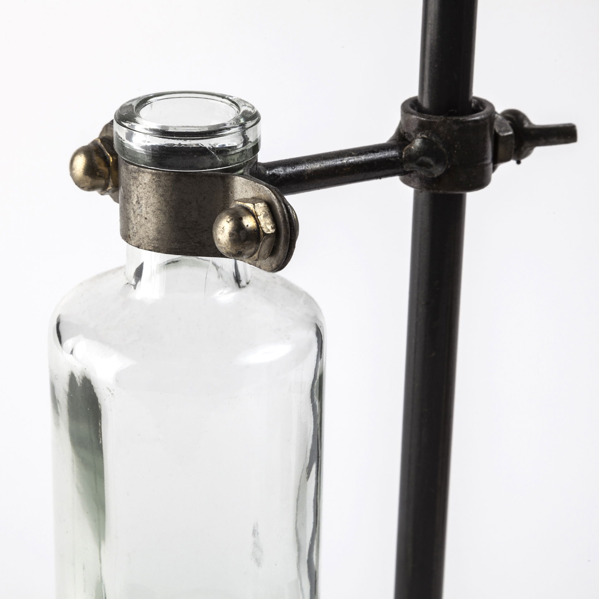 Jarvis Set of Five Dark Brown Metal and Glass Chemistry Inspired Bottles large image 