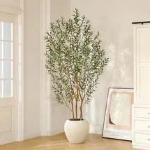 Online Designer Living Room George 8ft Artificial Olive Tree with White Tall Planter, Faux Olive Tree with Natural Trunk