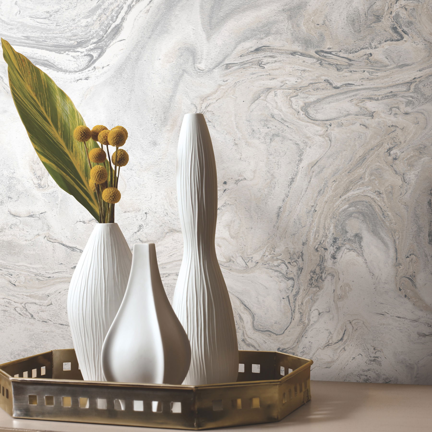 Oil & Marble White & Grey Peel & Stick Wallpaper large image 