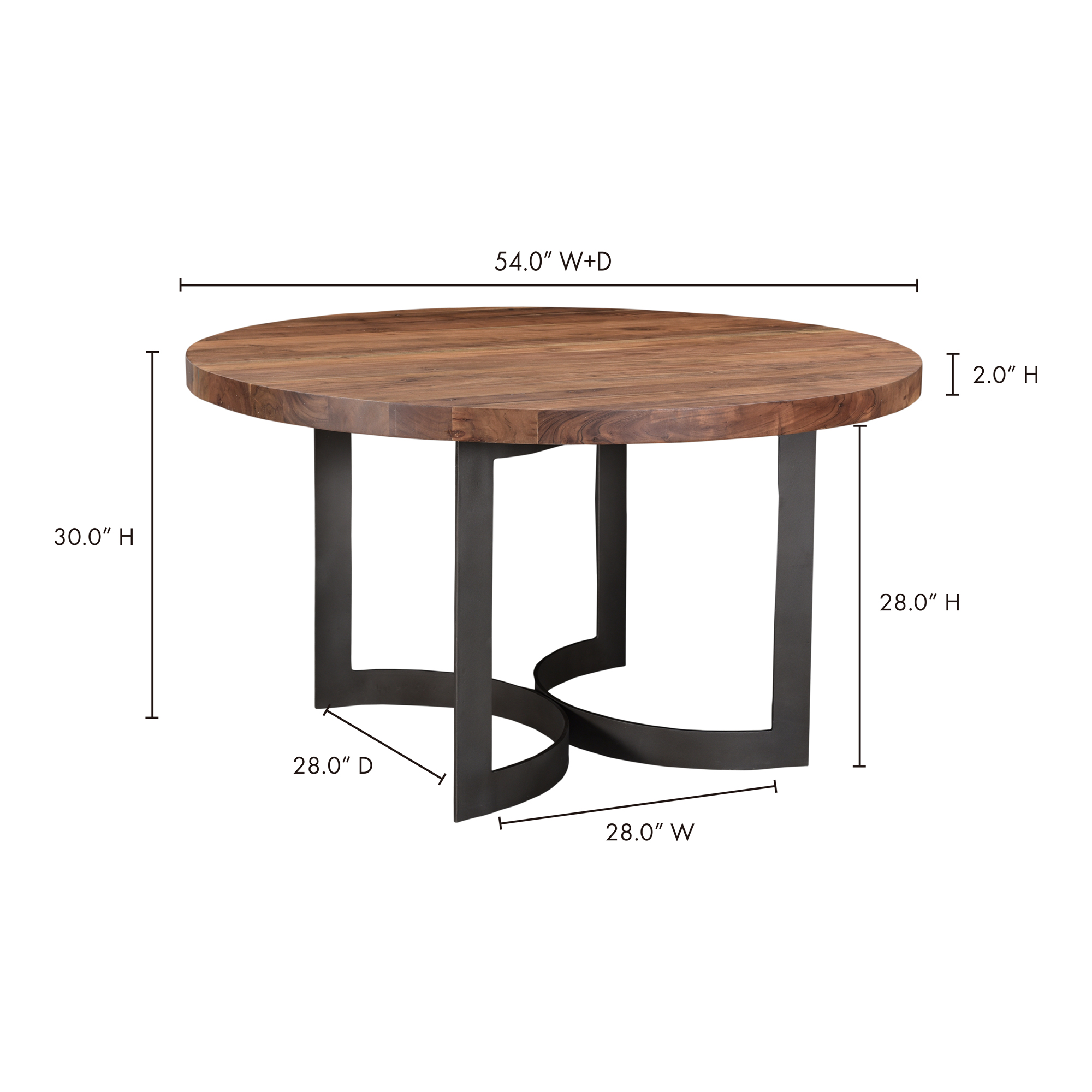 Bent Round Dining Table 54in Brown, by Moe's Home, 54" width x 30" height x 54" depth View 16