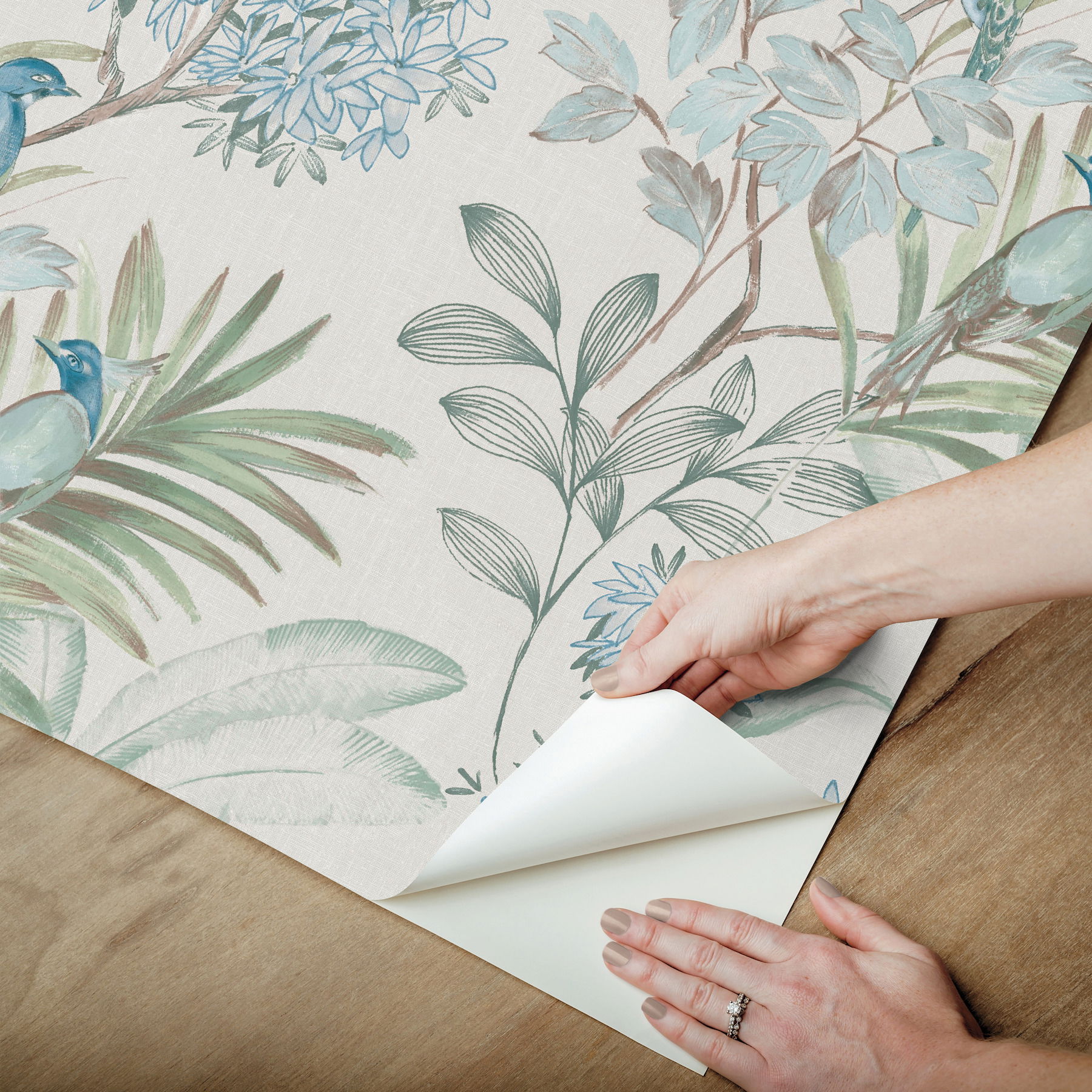 Handpainted Songbird Turquiose Peel & Stick Wallpaper large image 