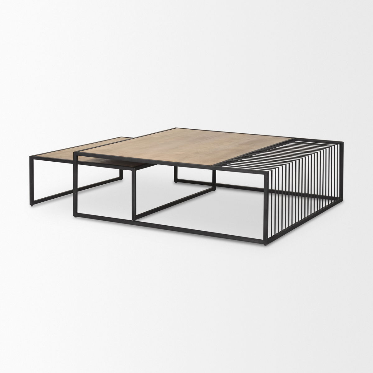 Miles Black Metal with Light Wood Nesting Coffee Table, by Mercana, 48" length x 48" width x 15" height View 6