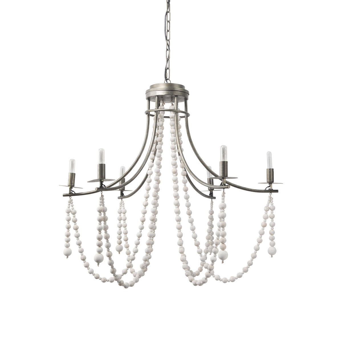 Selma White Wood Bead and Metal Chandelier, by Mercana, 37.8" length x 33.27" width x 96.85" height View 1