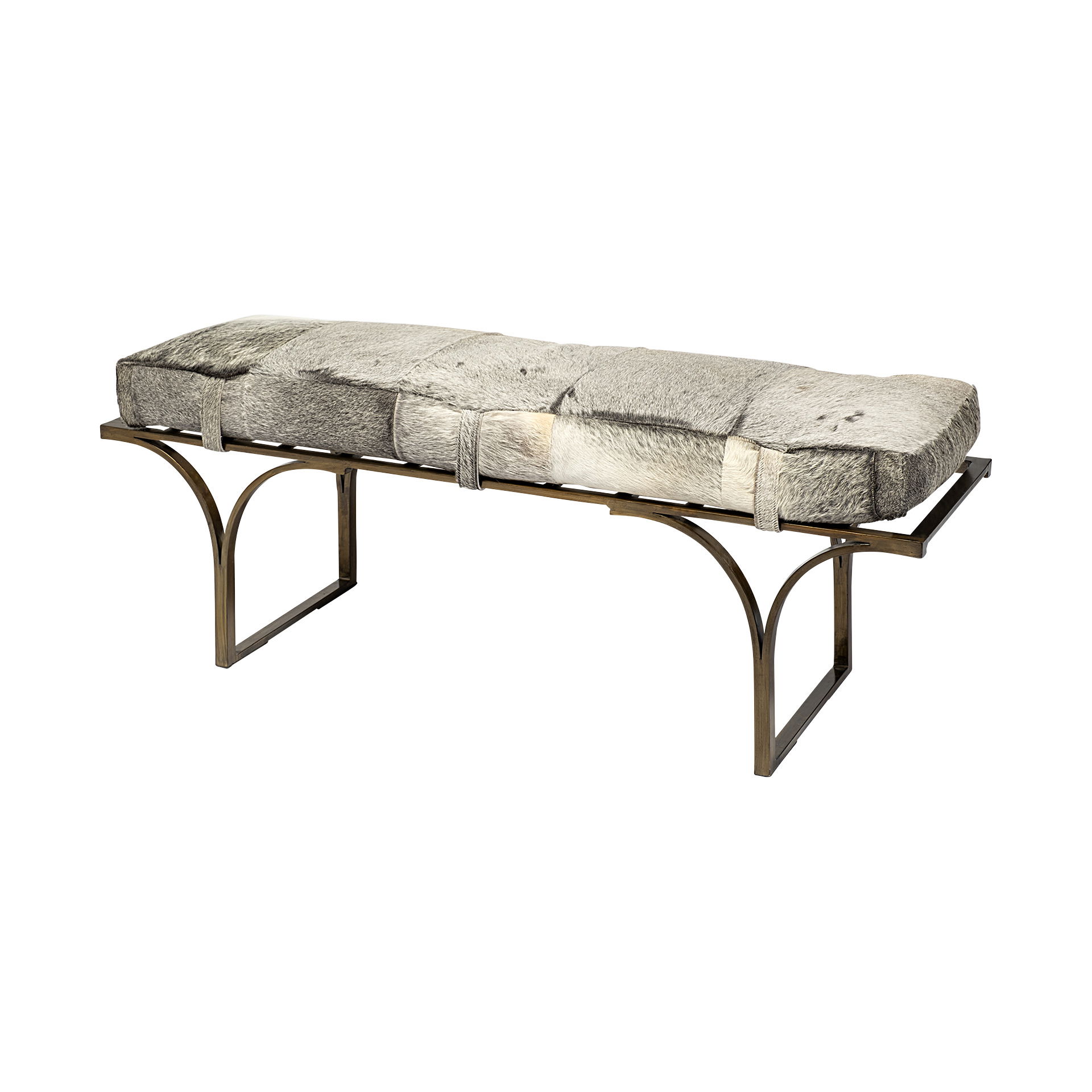 Jessie 55L x 16W White/Gray Hair-On-Hide Seat with Gold Metal Base Accent Bench, Benche by Mercana, 55" length x 16" width x 20" height View 1