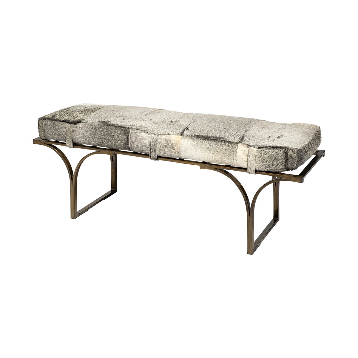 Jessie 55L x 16W White/Gray Hair-On-Hide Seat with Gold Metal Base Accent Bench, Benche by Mercana, 55" length x 16" width x 20" height View 1