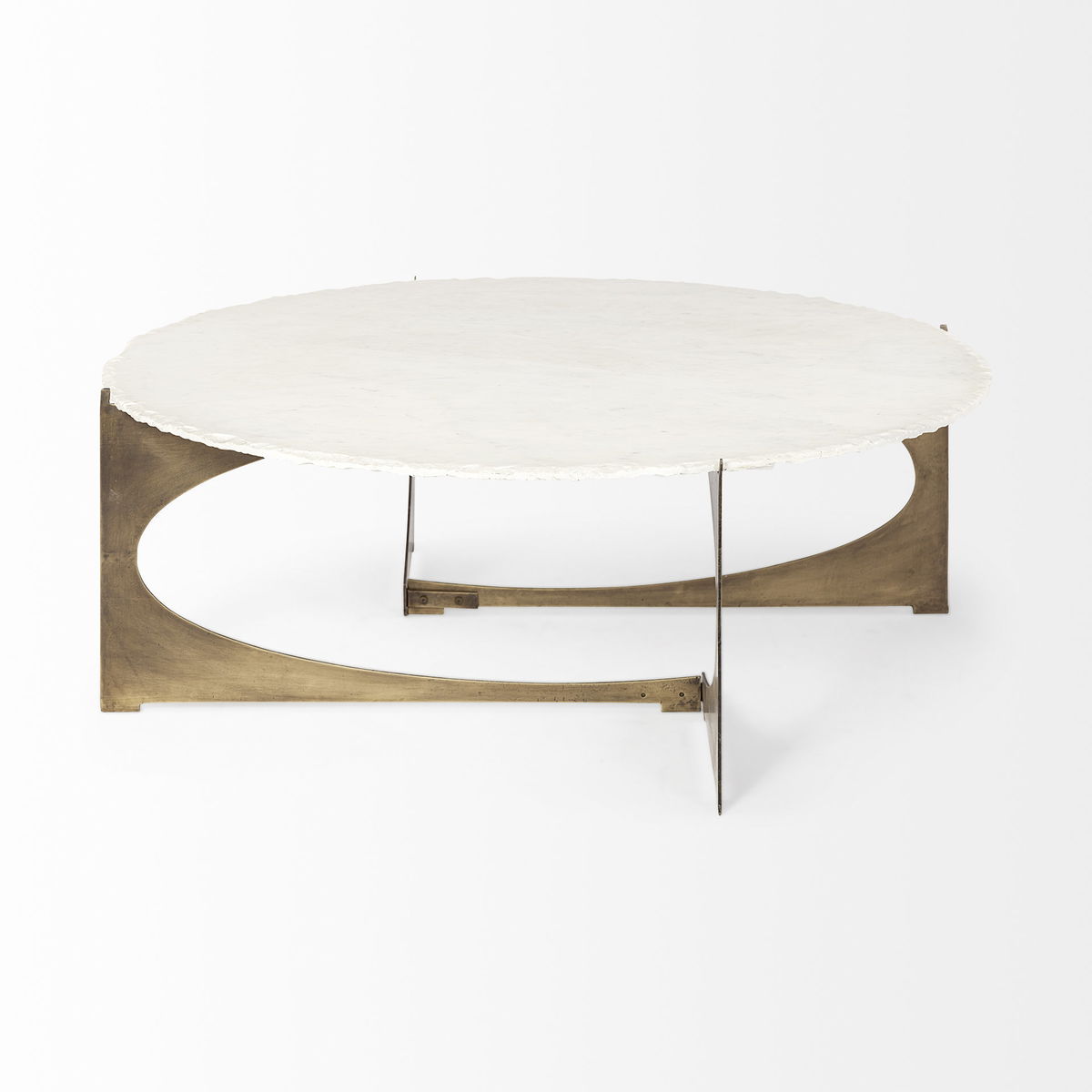 Reinhold 49' Round White Marble Top Gold Metal Base Coffee Table, by Mercana, 49" length x 49" width x 17" height View 6