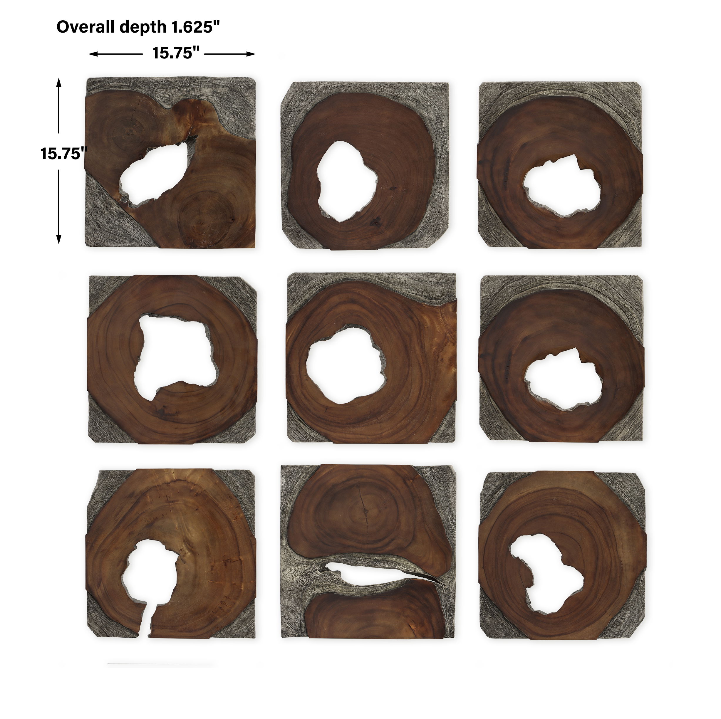 Jungle Wood Paneled Wall Art Set/9, Sculptural Wall Art by Uttermost, 15.75" width x 1.6" height x 15.75" depth View 3