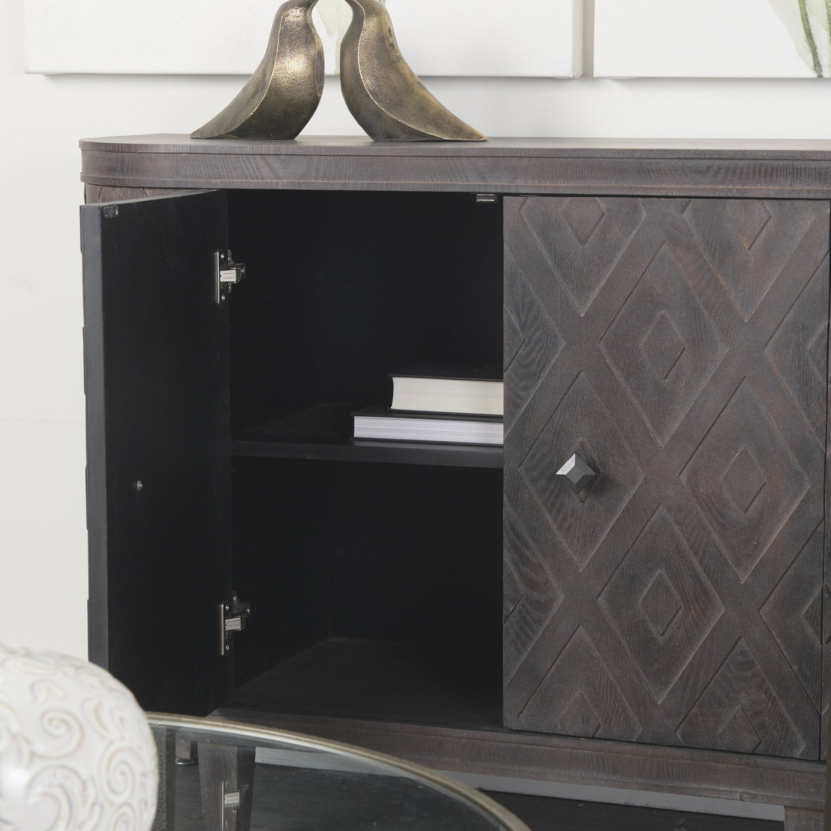 Lennon  Dark Brown Fir Veneer 4 Door Demilune Cabinet, Cabinets & Chest by Mercana, 47.24" length x 14.96" width x 33.07" height View 3