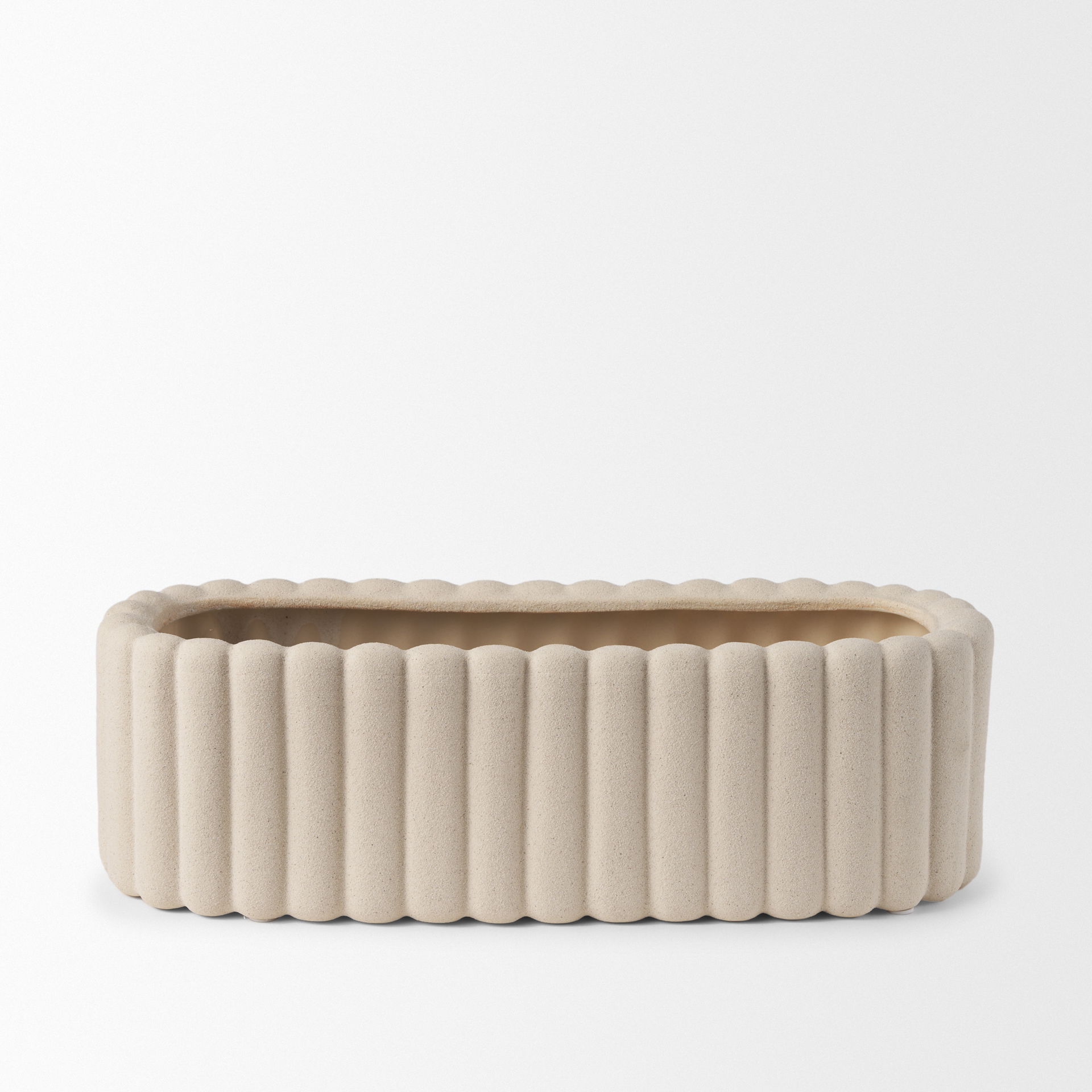 Mira Wide Textured Blush Beige Fluted Ceramic Vase large image 
