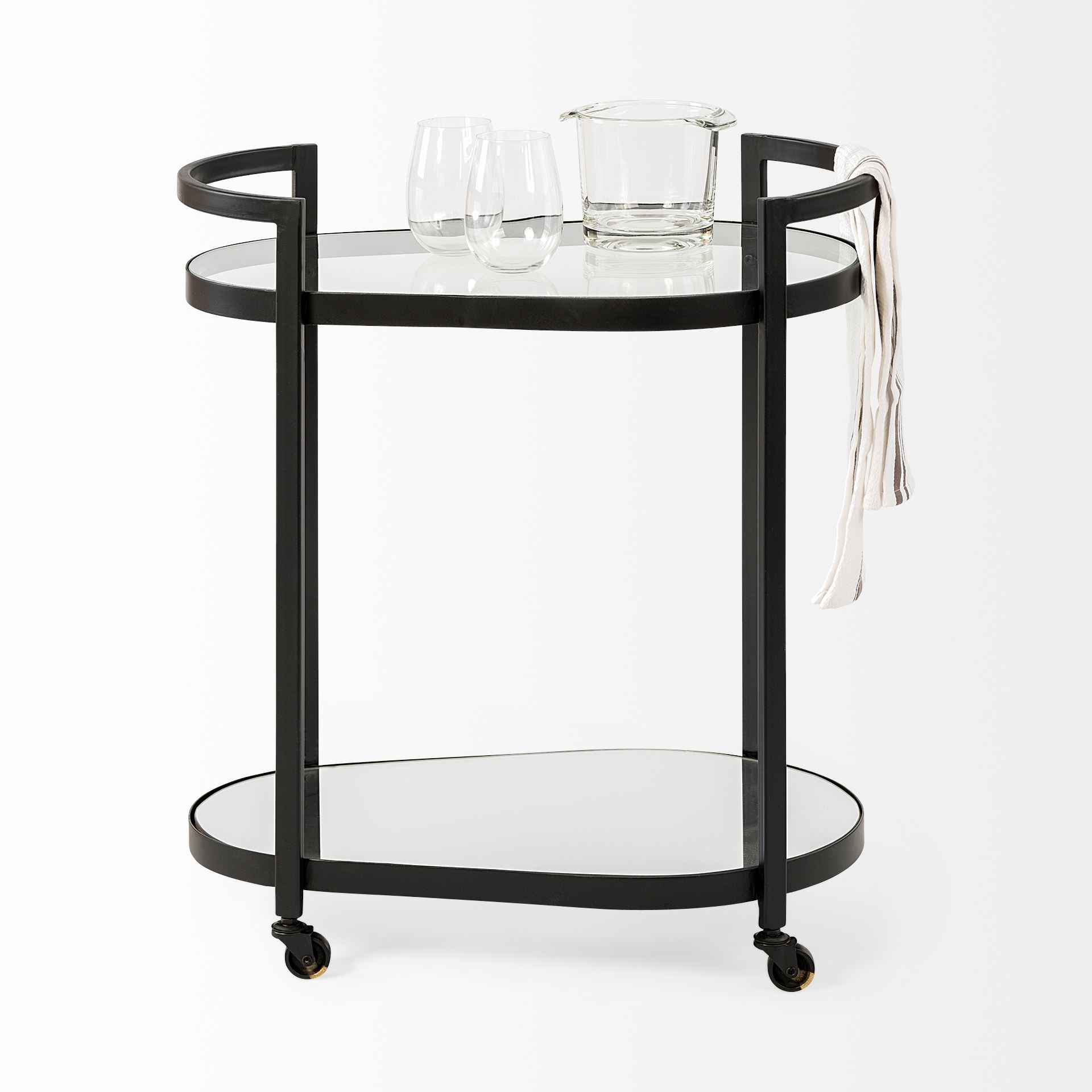 Eleonore Black Metal Frame Two-Tier with Glass Shelves Bar Cart, Bar Carts & Cabinet by Mercana, 25" length x 16.14" width x 27.95" height View 6