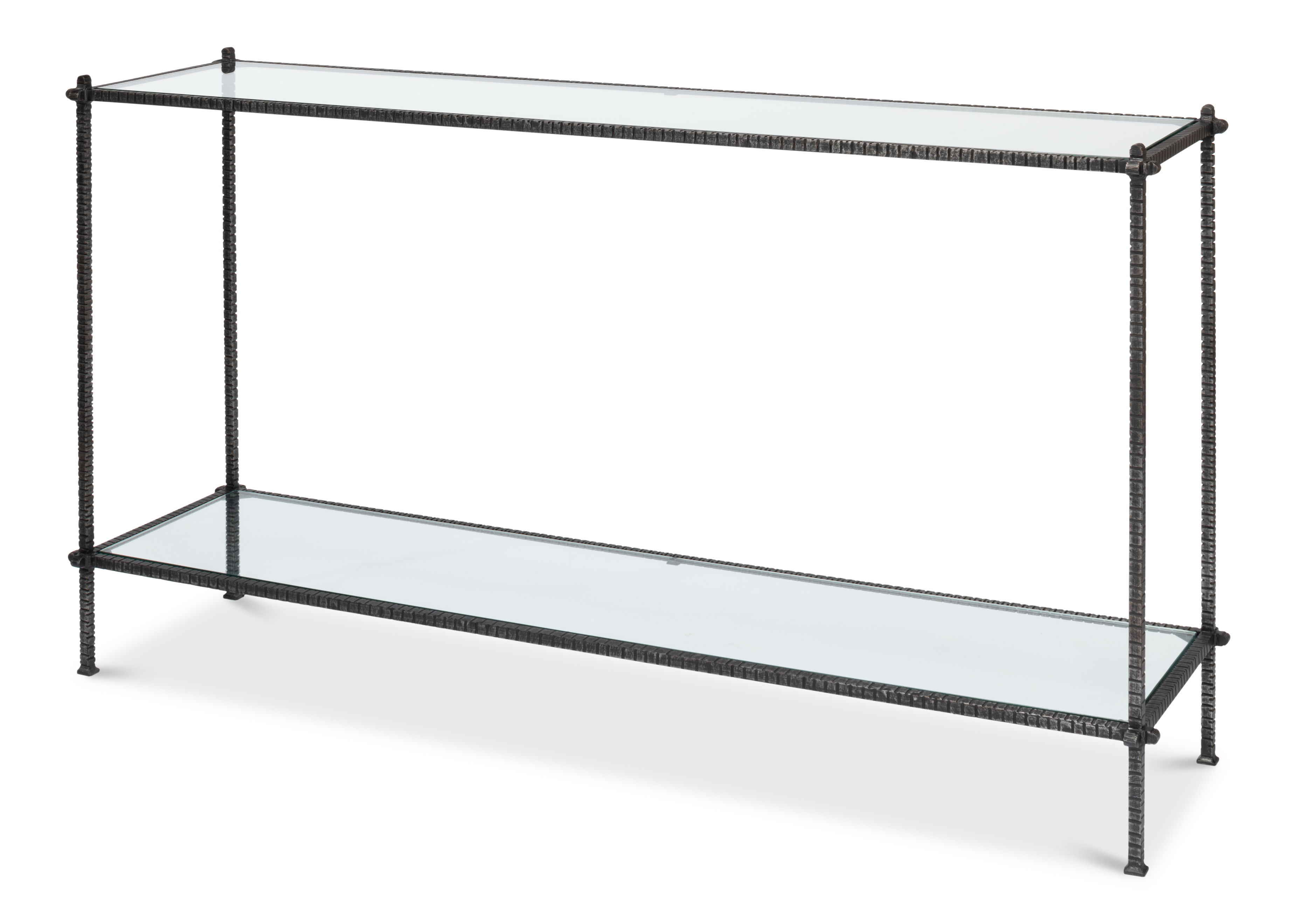 Hand Chased Iron Console Tble, Glass Top, Console Table by Sarreid, 60" length x 16" width x 33" height View 1