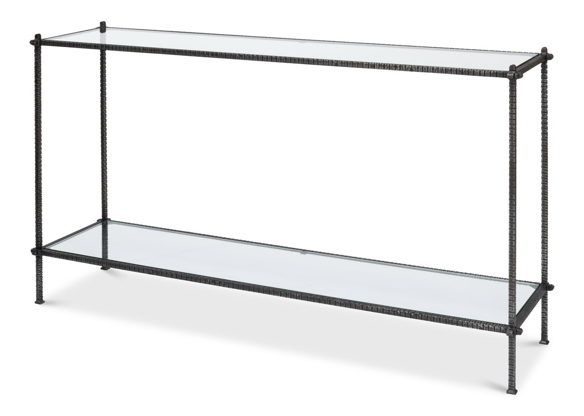 Hand Chased Iron Console Tble, Glass Top, Console Table by Sarreid, 60" length x 16" width x 33" height View 1