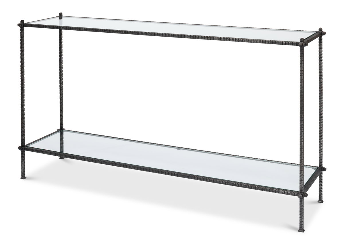 Hand Chased Iron Console Tble  Glass Top, by Sarreid, 1'4" length x 5' width x 2'9" height View 1