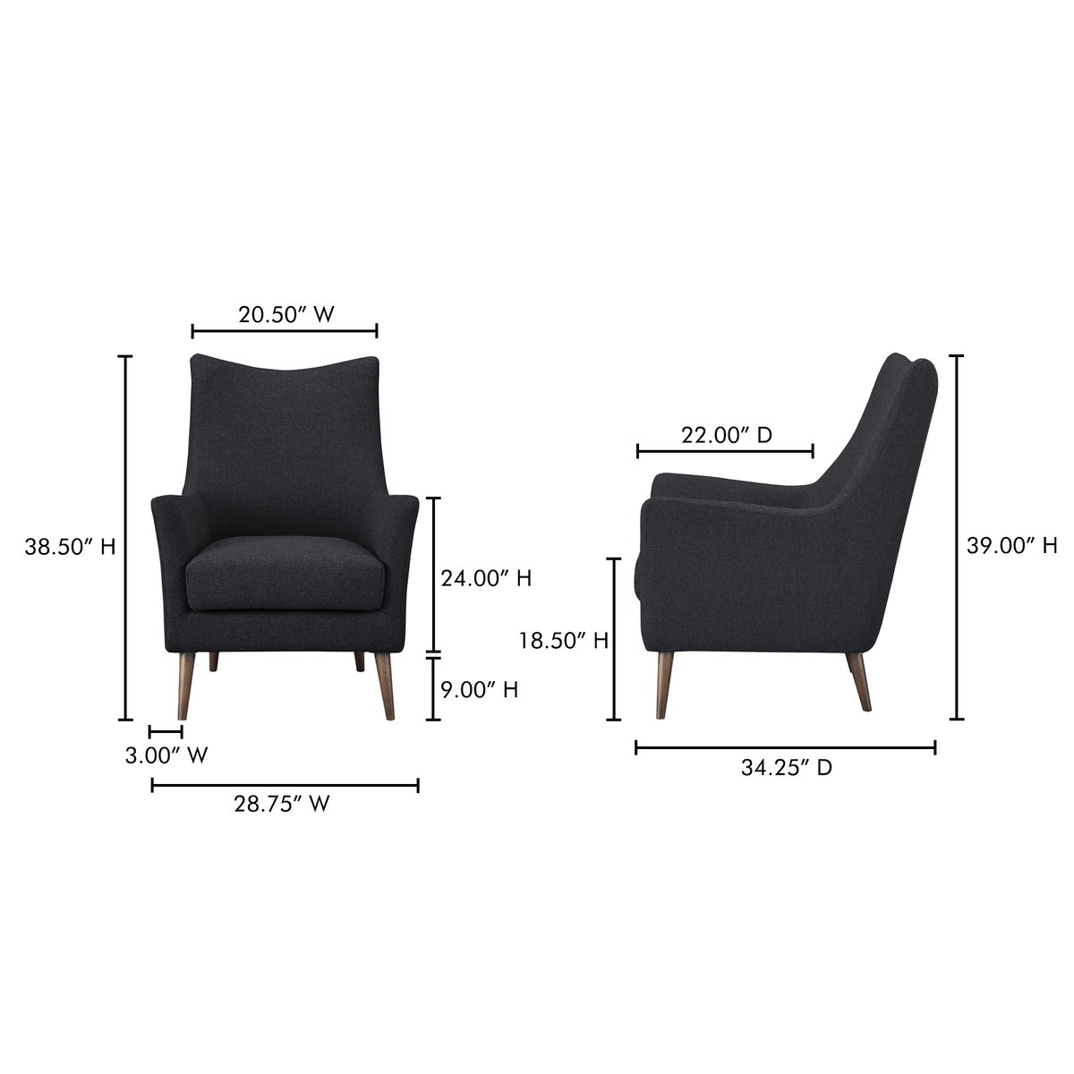 Fisher Armchair Wool Blend Charcoal, Accent Chair by Moe's Home, 28.75" width x 38.5" height x 34.25" depth View 7
