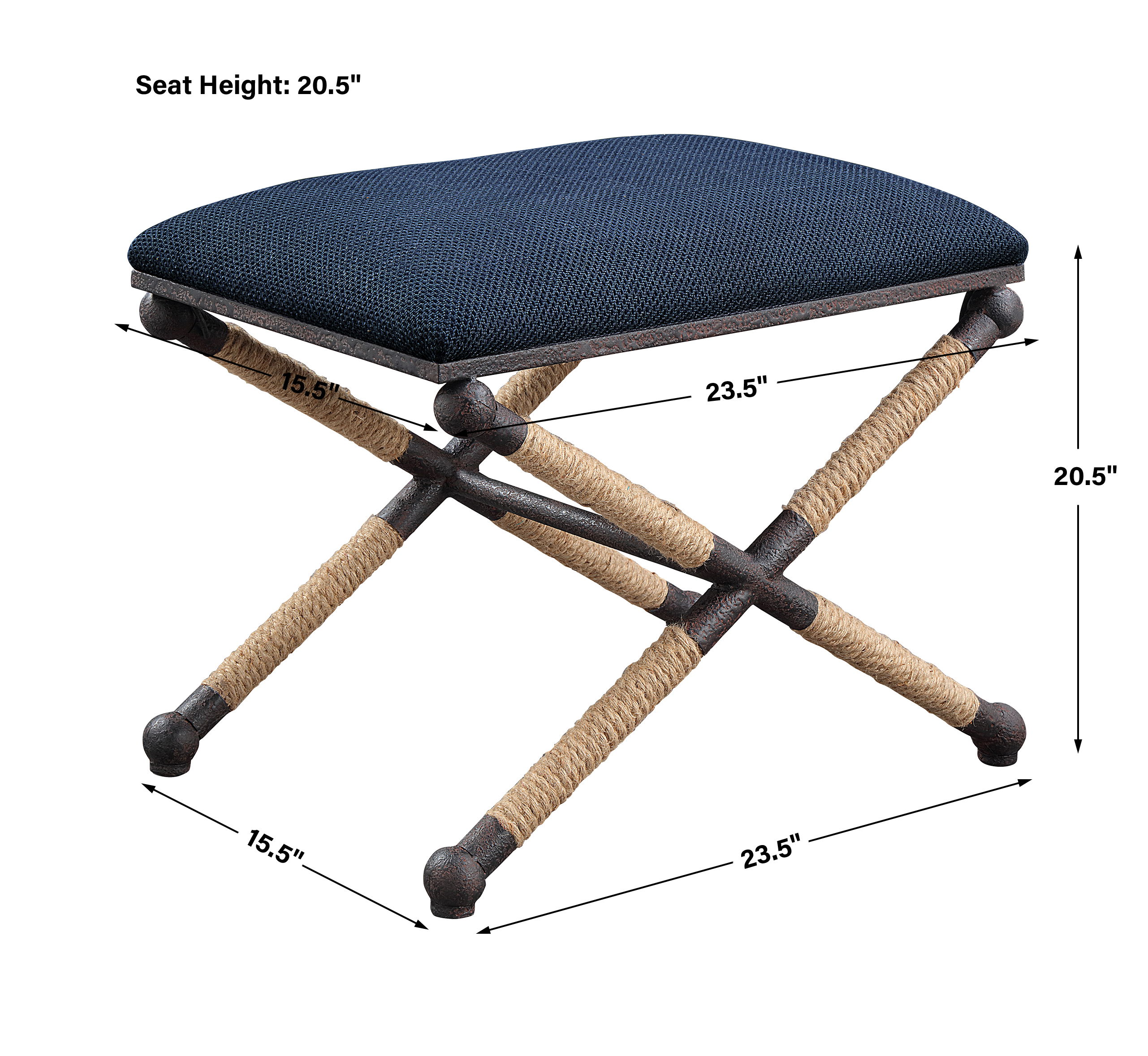 Firth Small Navy Fabric Bench, Furniture by Uttermost, 23.75" width x 20.25" height x 16.75" depth View 3