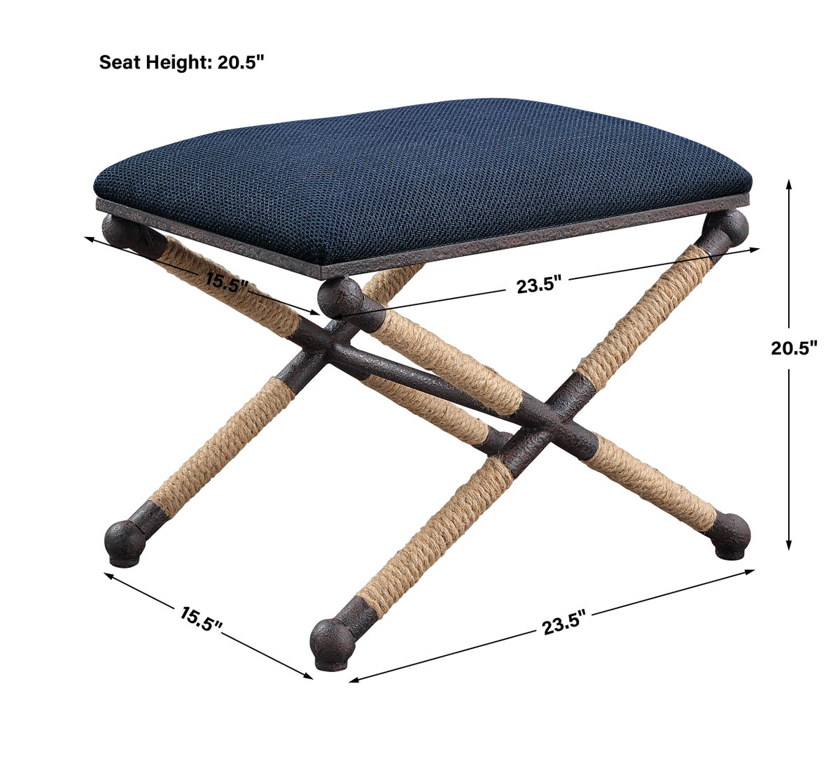 Firth Small Navy Fabric Bench, Furniture by Uttermost, 23.75" width x 20.25" height x 16.75" depth View 3