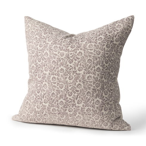 Jayne Beige with Merlot Print Linen Square Decorative Pillow Cover
