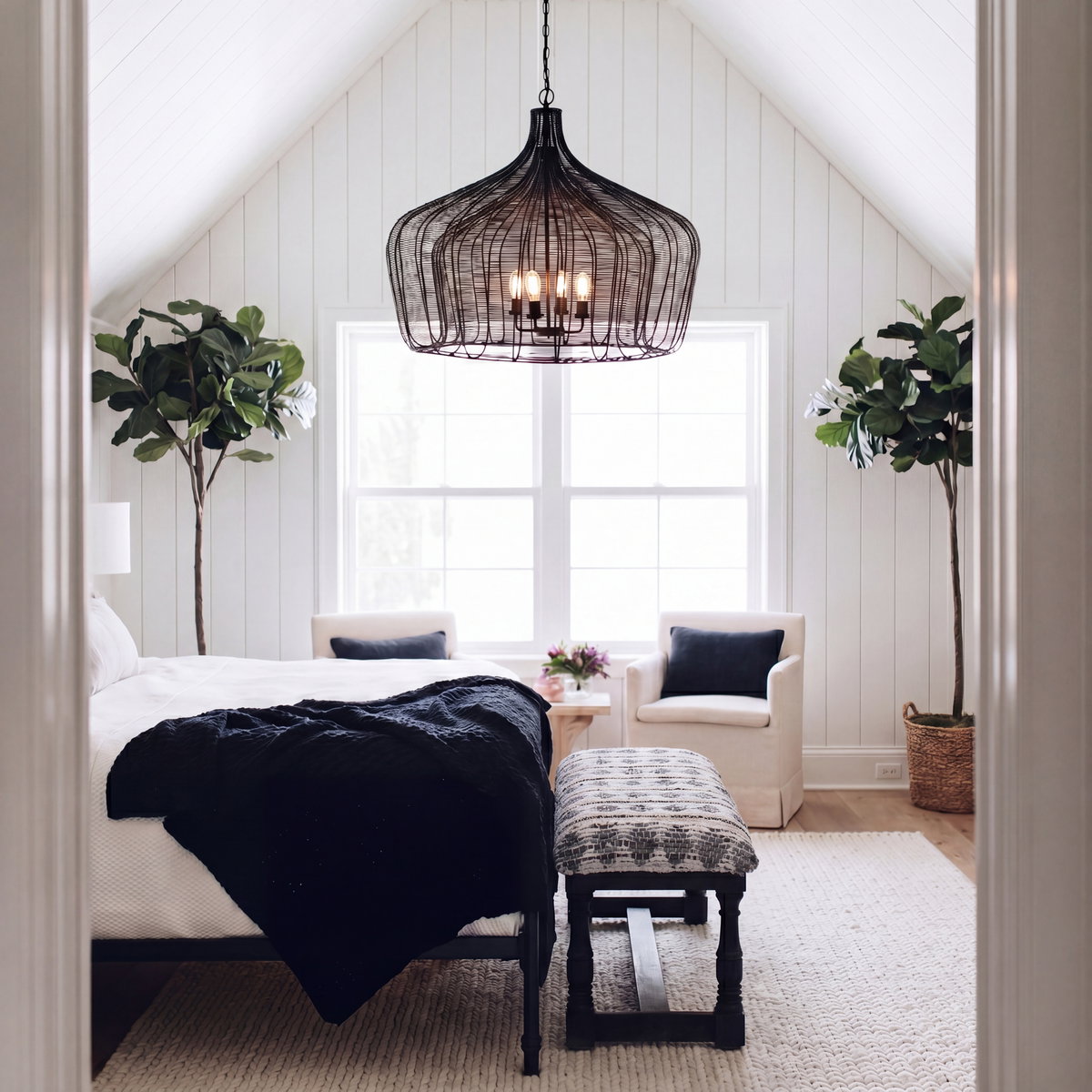 Camila (40'x31') Black Metal Mesh-Style Four Bulb Chandelier, by Mercana, 40" length x 40" width x 31" height View 3