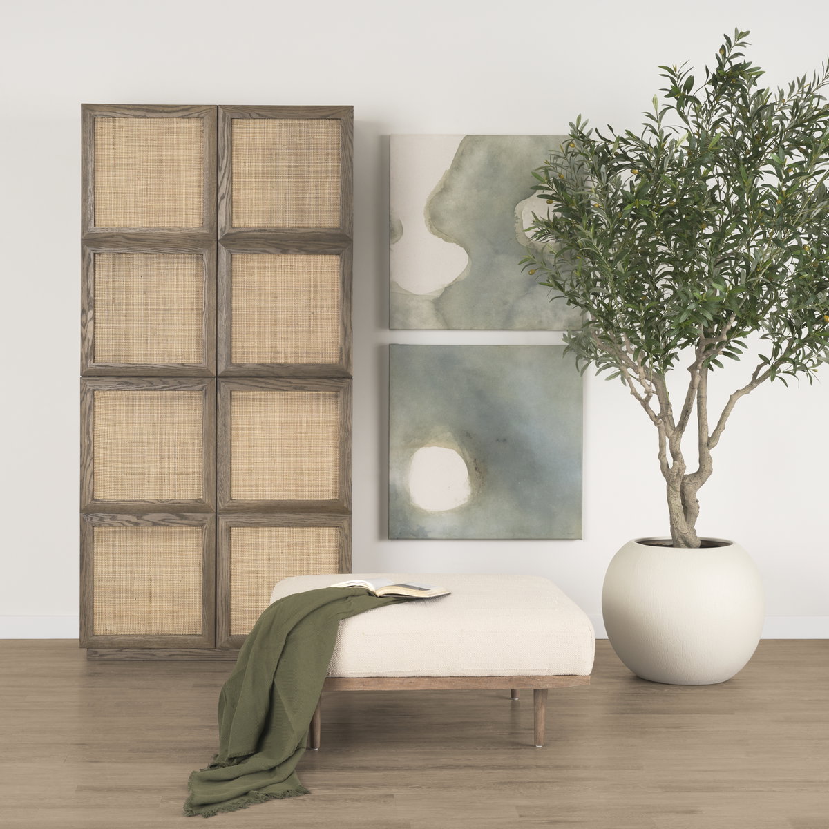 Sina Brown Oak Wood with Natural Rattan 2 Door Curio Cabinet, Cabinets & Sideboard by Mercana, 39.37" length x 17.72" width x 80.71" height View 2