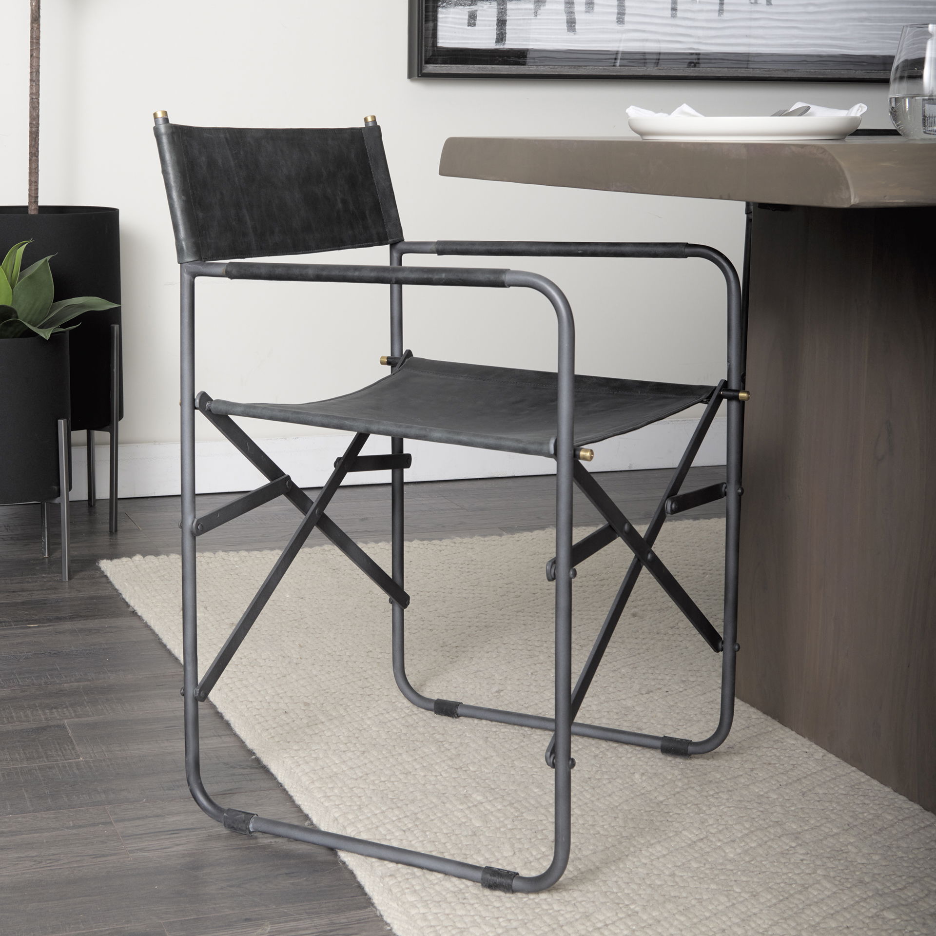 Direttore Black Iron Frame Black Leather Dining Chair large image 