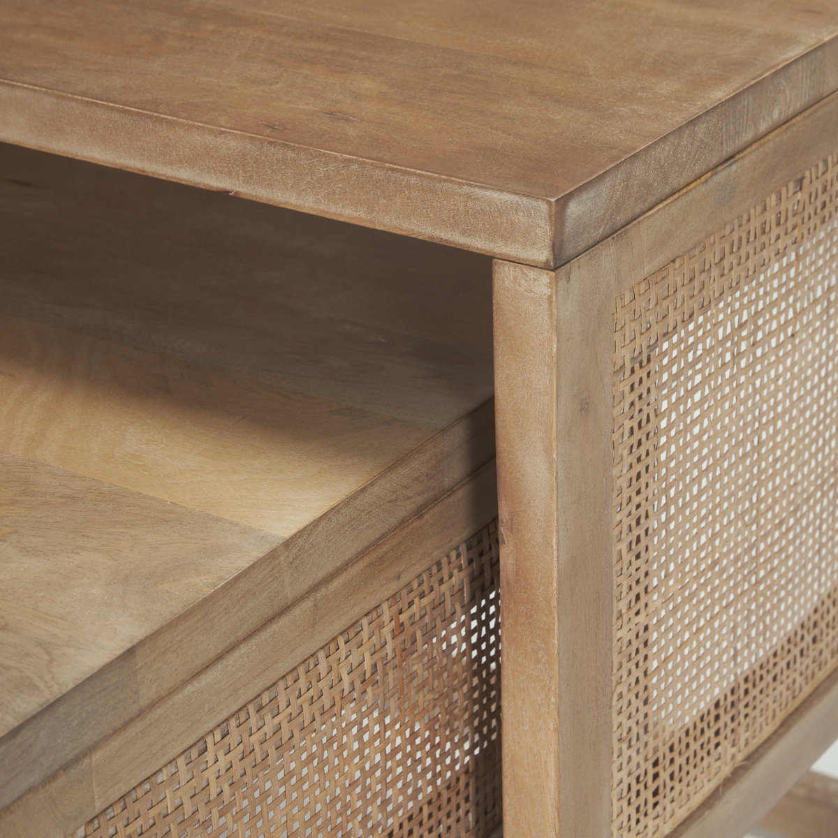 Grier Set of 2 Light Brown Solid Wood with Cane Nesting Accent Tables, Side & End Table by Mercana, 20" length x 20" width x 23" height View 12