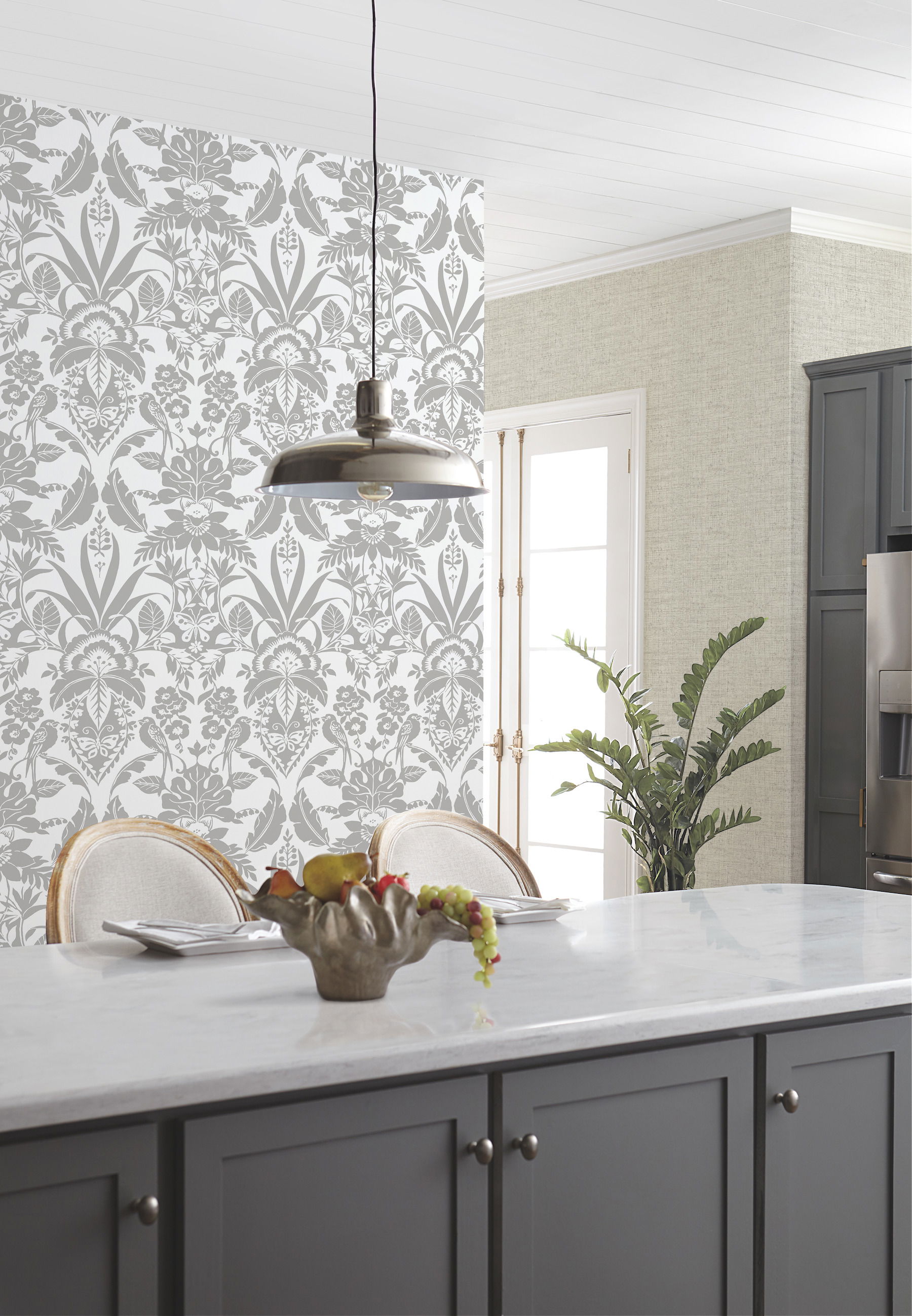Grey Botanical Damask Wallpaper large image 