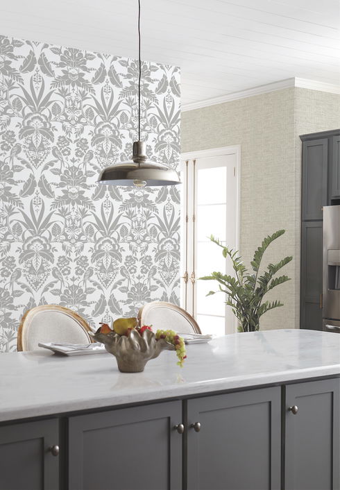 Grey Botanical Damask Wallpaper