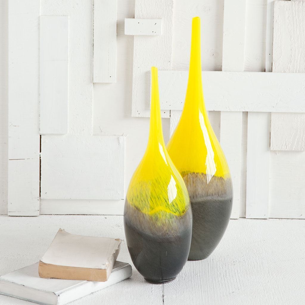 Jasse Large Yellowith Gray Ombre Glass Vase, by Mercana, 7.09" length x 7.09" width x 20.67" height View 4