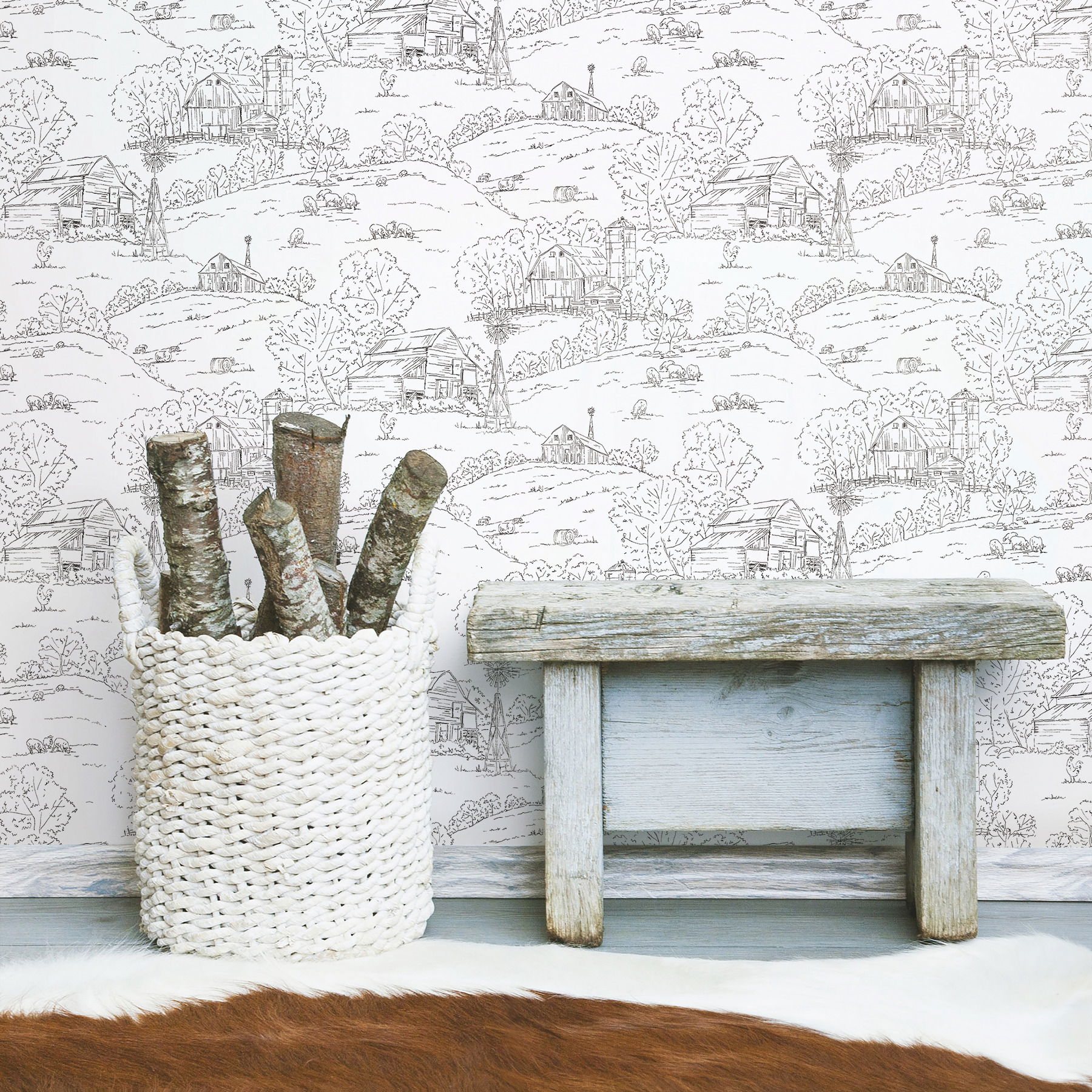 Pasture Toile Black & White Wallpaper large image 
