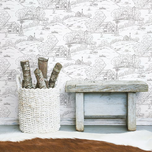 Pasture Toile Black & White Wallpaper