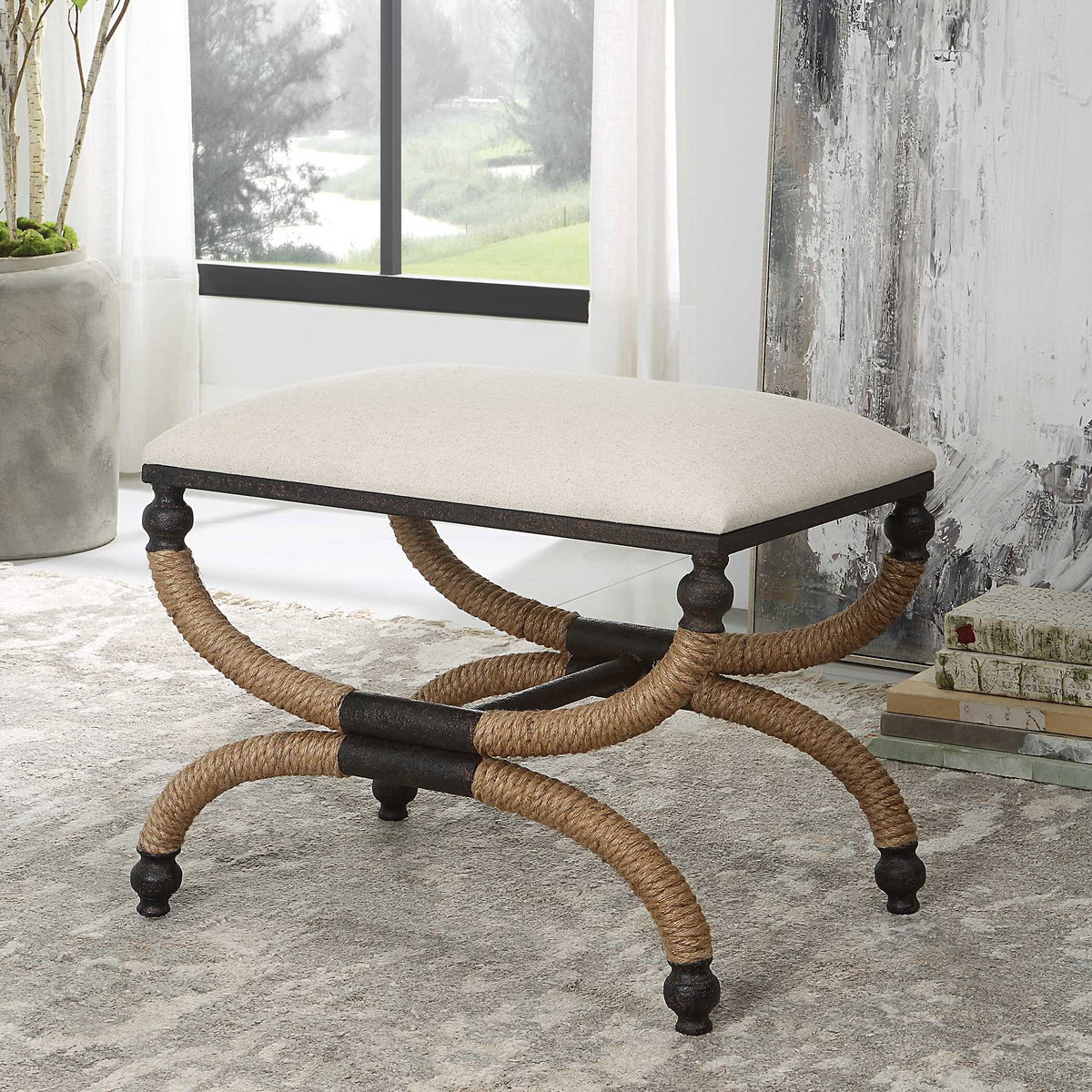 Icaria Upholstered Small Bench, Benche by Uttermost, 23.5" width x 19.5" height x 15.75" depth View 9