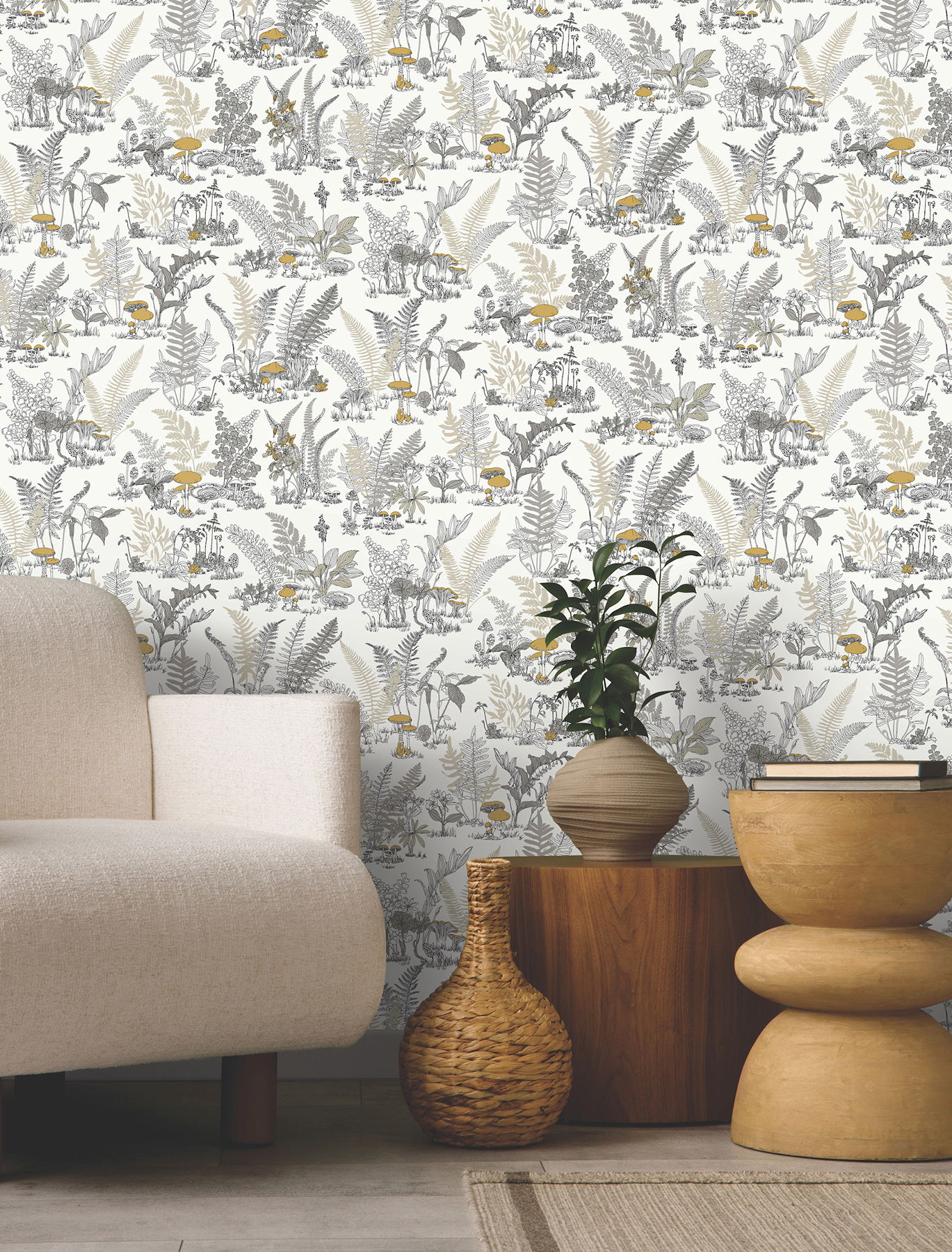 Mushroom Garden Toile Neutral & Gold Wallpaper large image 