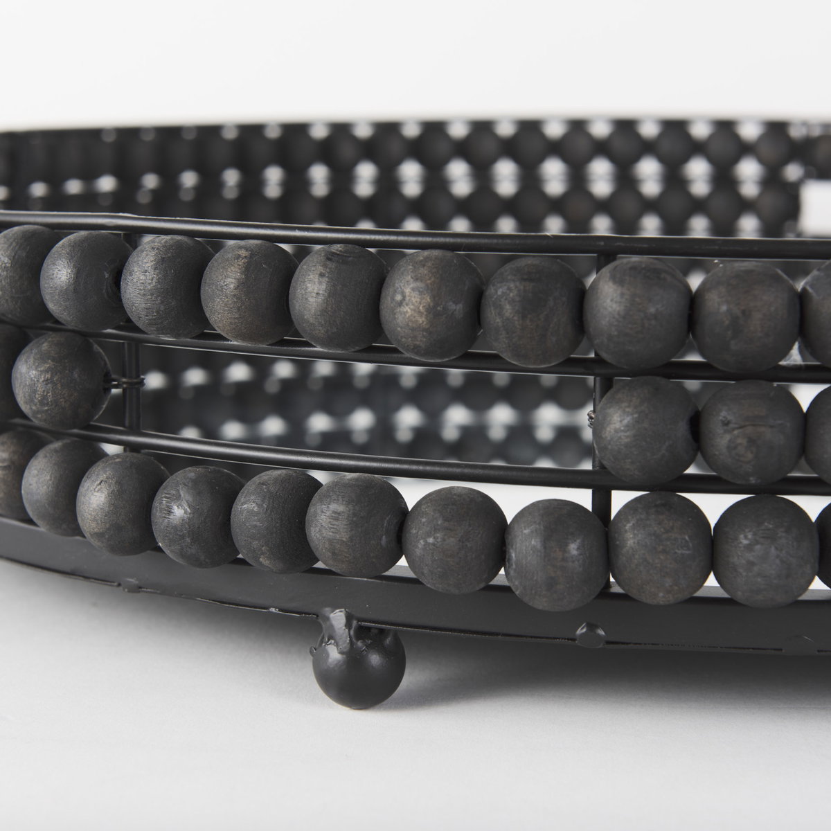 Decatur II 21L x 21W Black Wooden Bead Mirrored Bottom Round Tray, Decorative Tray by Mercana, 21.26" length x 21.26" width x 3.94" height View 9