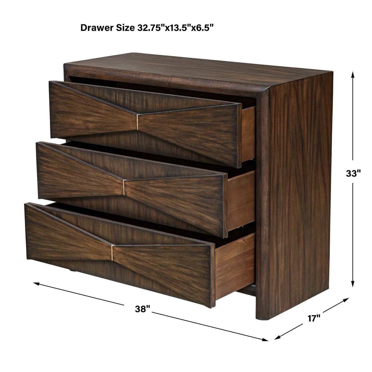 Bowtie 3 Drawer Mid-Century Chest, Furniture by Uttermost, 38" width x 33" height x 17" depth View 3