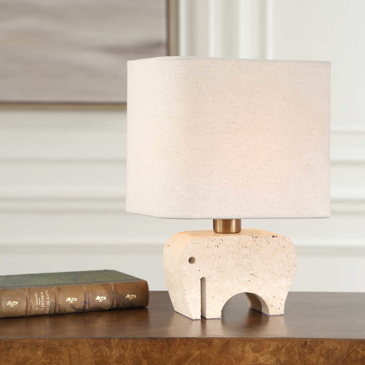 Tusk Travertine Accent Lamp, Table Lamp by Uttermost, 8" width x 11" height x 6" depth View 2