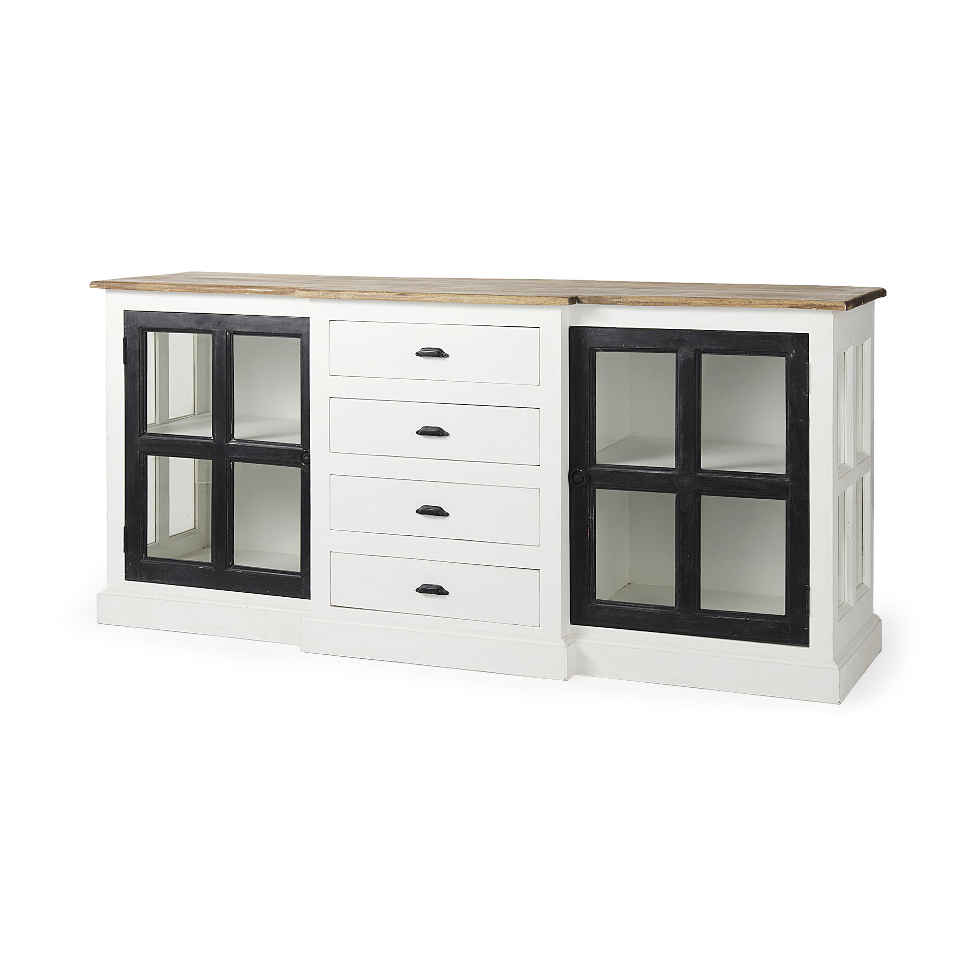 Bourchier 75x21 White/Black Solid Wood Frame Brown Top 4 Drawer 2 Glass Cabinet Buffet large image 