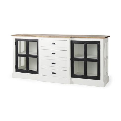 Bourchier 75x21 White/Black Solid Wood Frame Brown Top 4 Drawer 2 Glass Cabinet Buffet