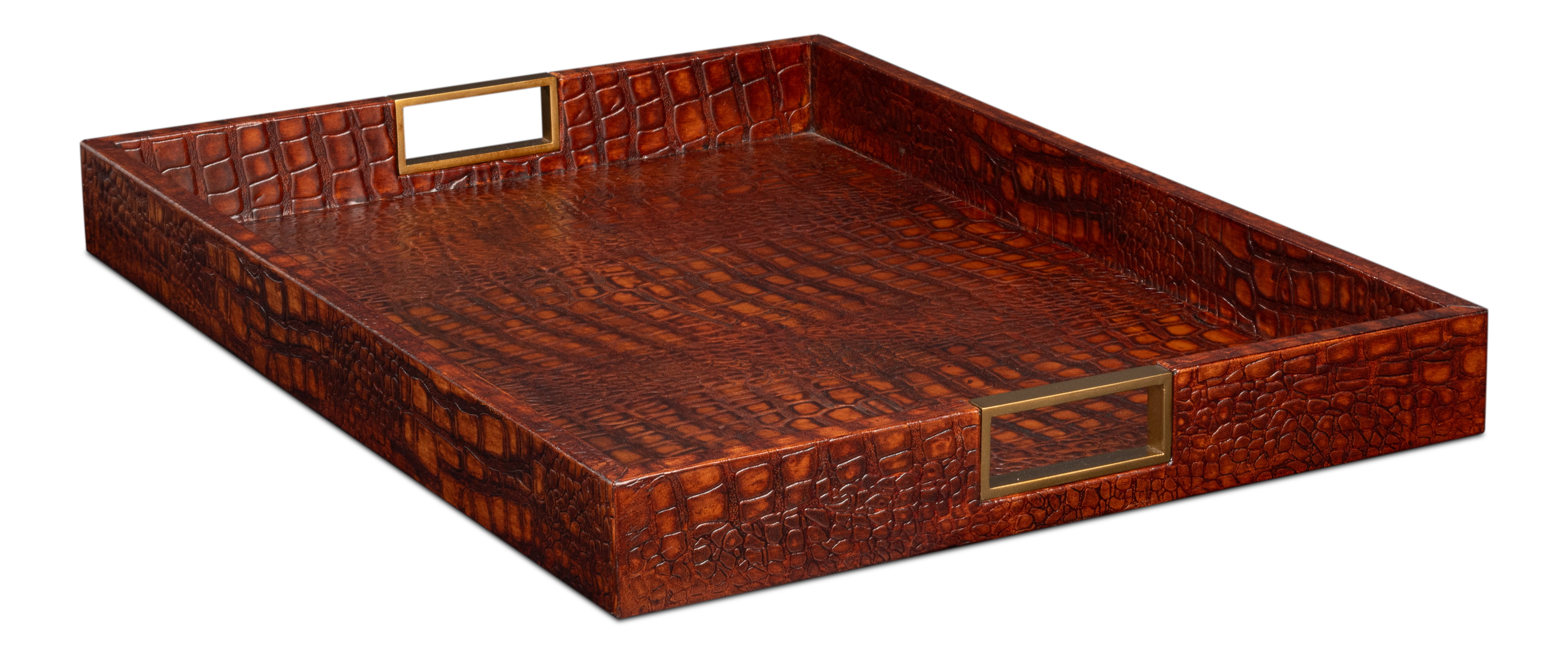 Norton Leather Tray, Croco Leather, Tan, Decor by Sarreid, 24" length x 18" width x 2.5" height View 9
