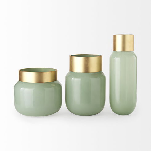 Minty Medium  Green Glass Vase with Matte Gold Metal Neck Cuff