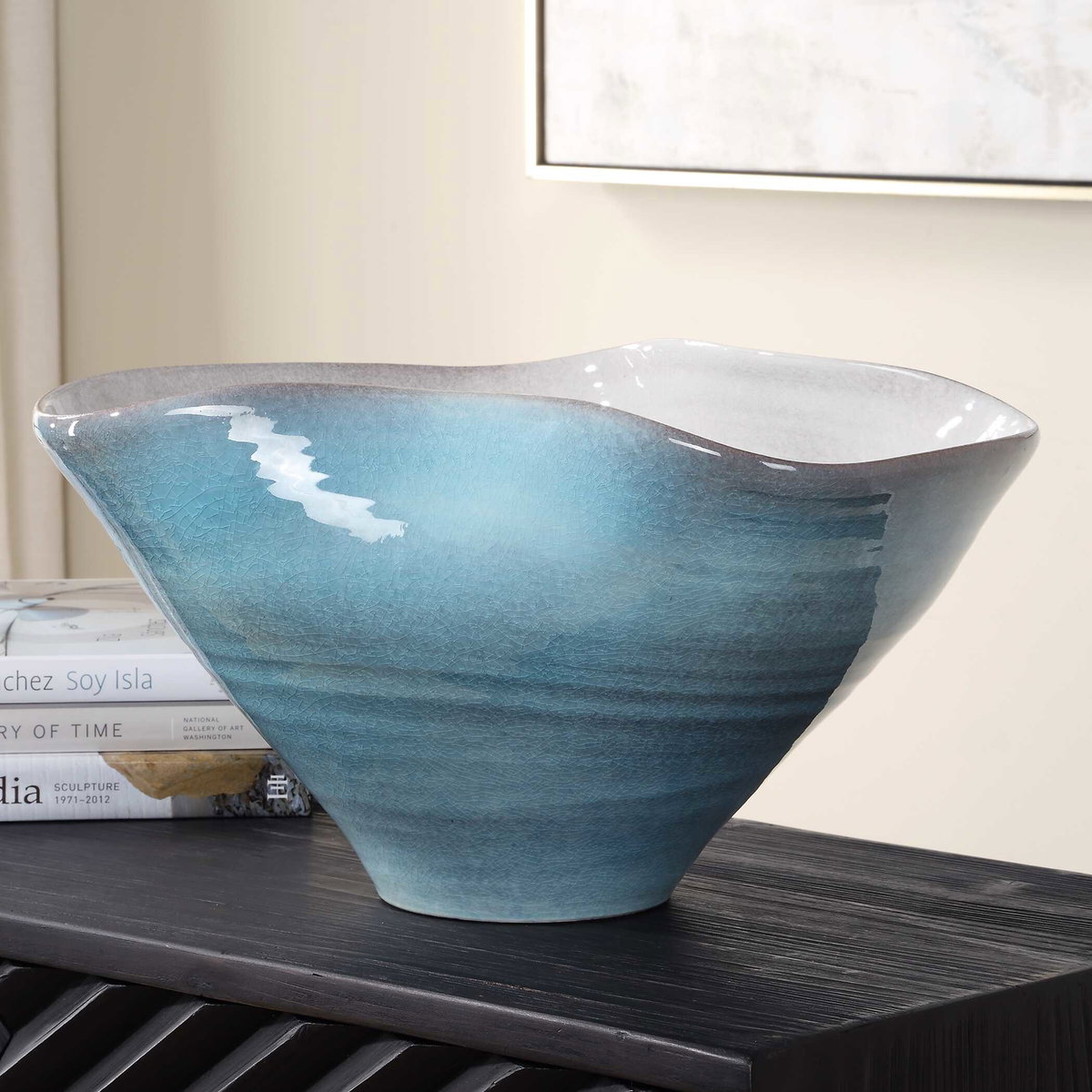 Blue Crest Ceramic Bowl, Decorative Tray by Uttermost, 17" width x 9" height x 13.5" depth View 2